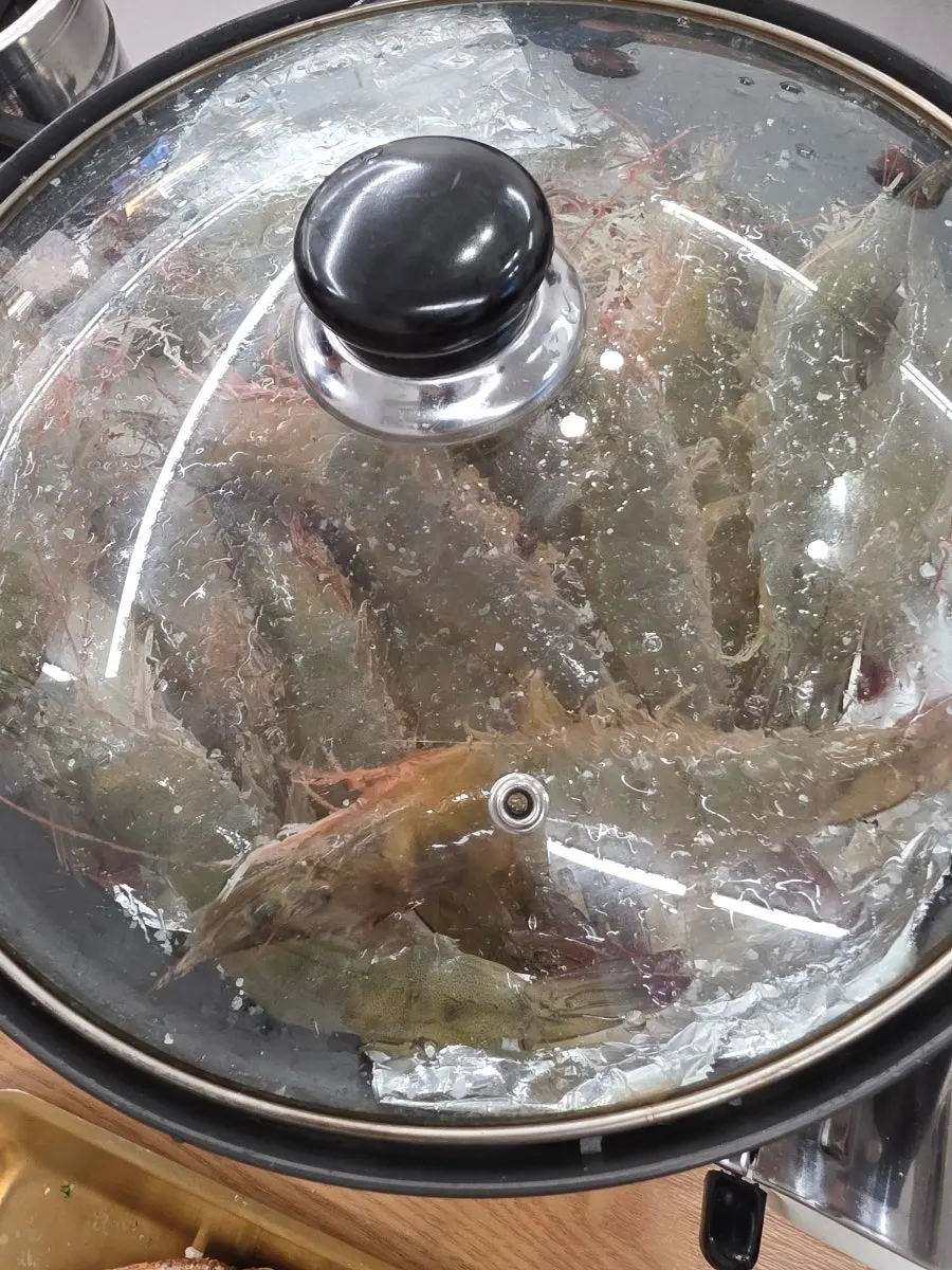 Close-up of fully cooked salt-grilled shrimp