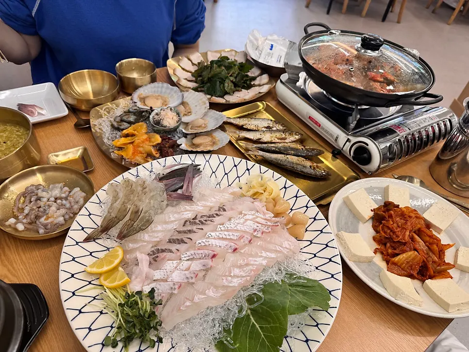 A table full of seasonal seafood dishes