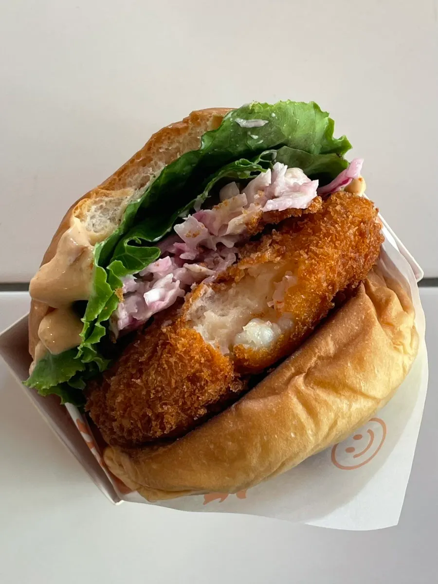 Cross-section of thick whole-shrimp patty