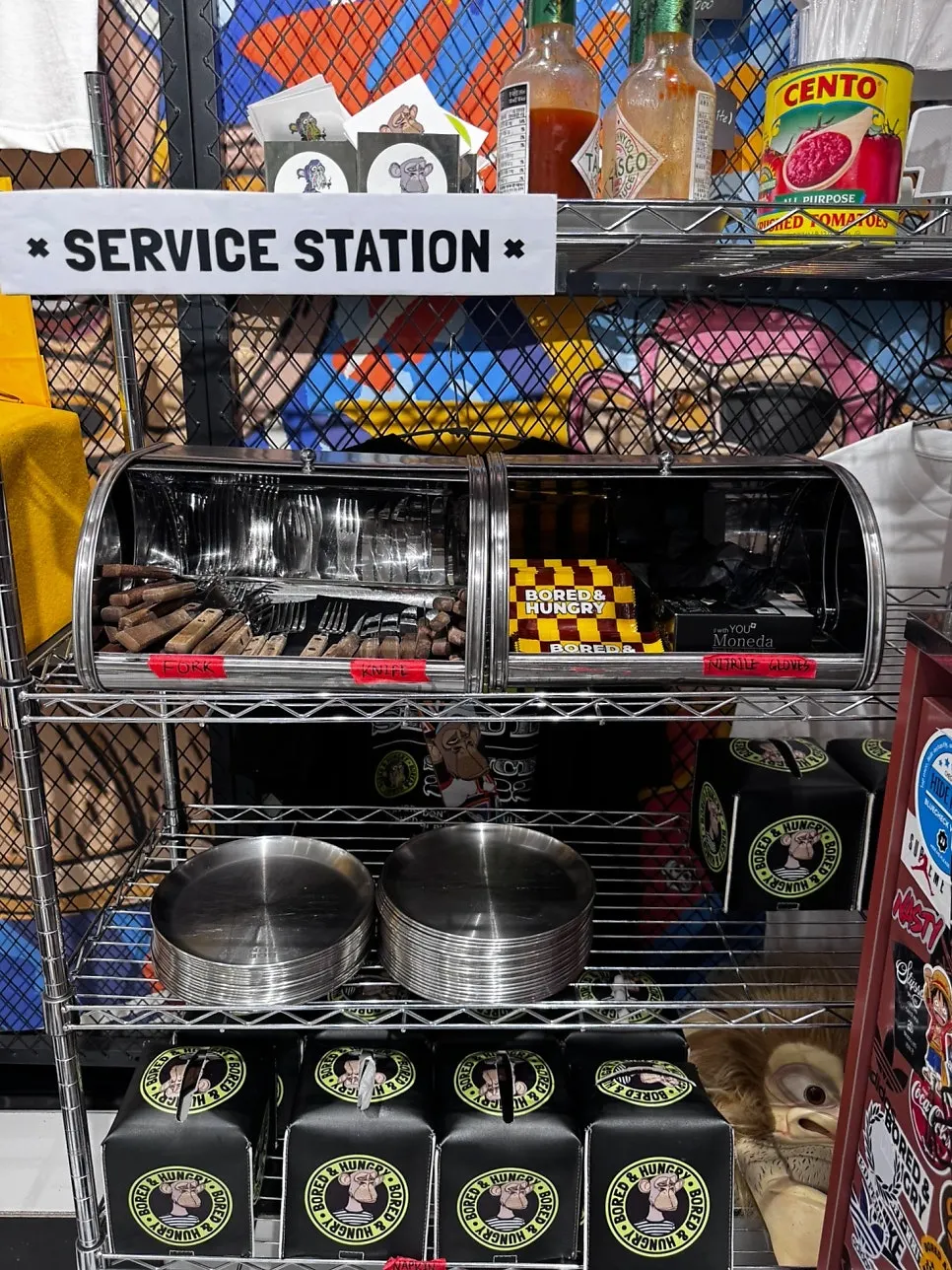 Self-serve bar for drinks, sauces, and gloves