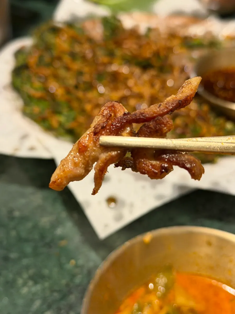 Crisp duck roast with green onion kimchi