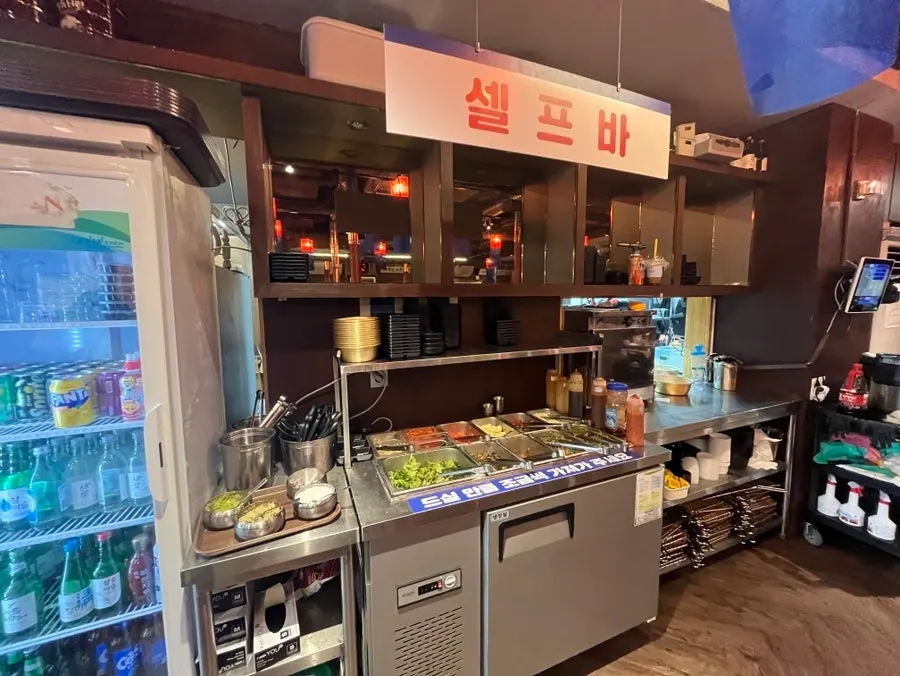 Interior of the barbecue restaurant with generous table spacing