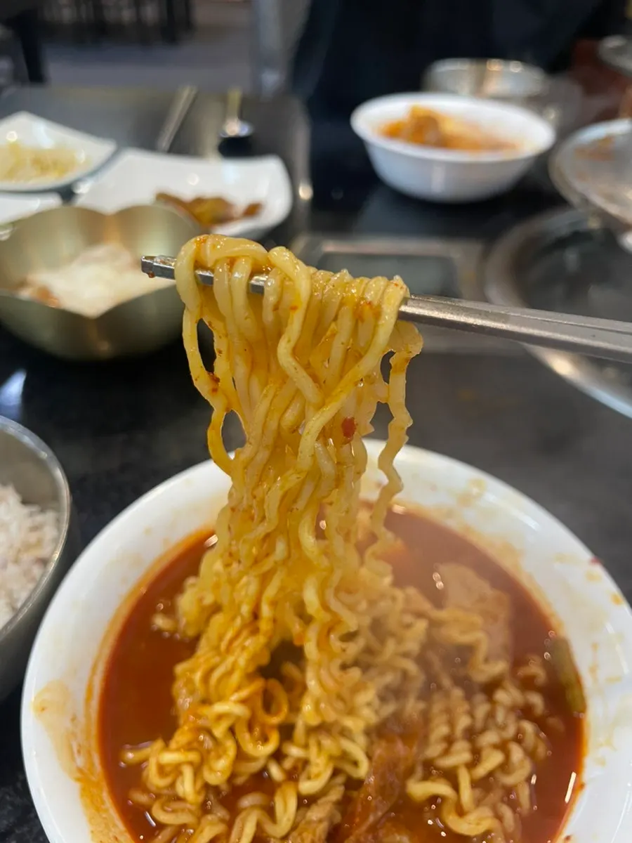 Kimchi stew with added ramen noodles