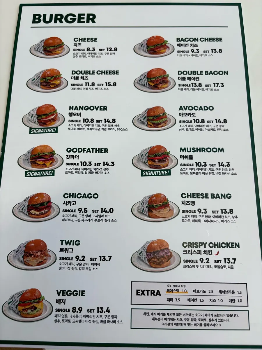 Burgiz Daeheung burger and side menu board