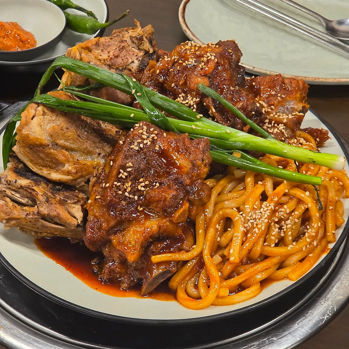 A medium plate of half-and-half pork bone grill