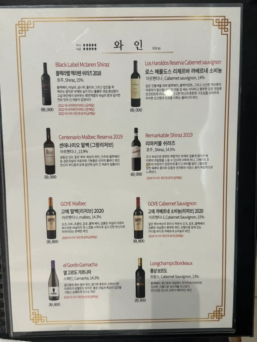 Menu items and wine listing at Worang Myeongga Doan