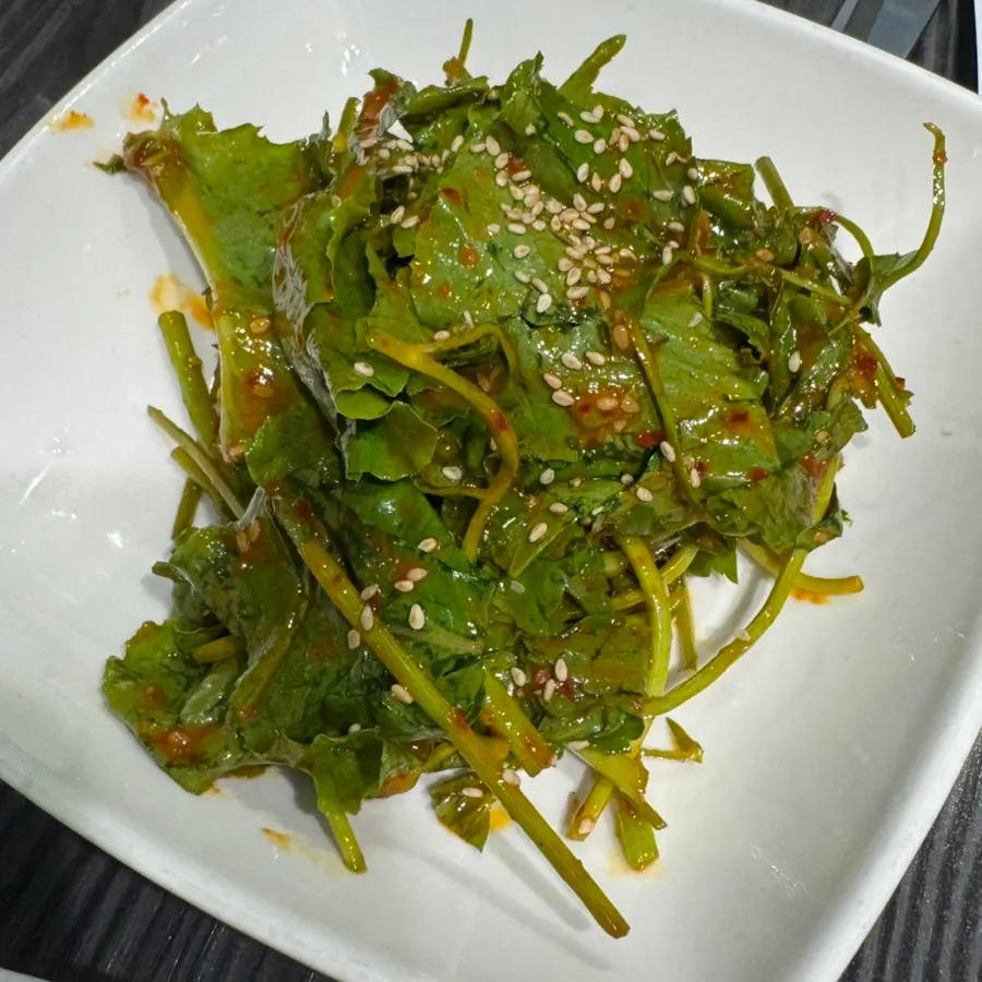 Close-up of side dishes served with the hanwoo