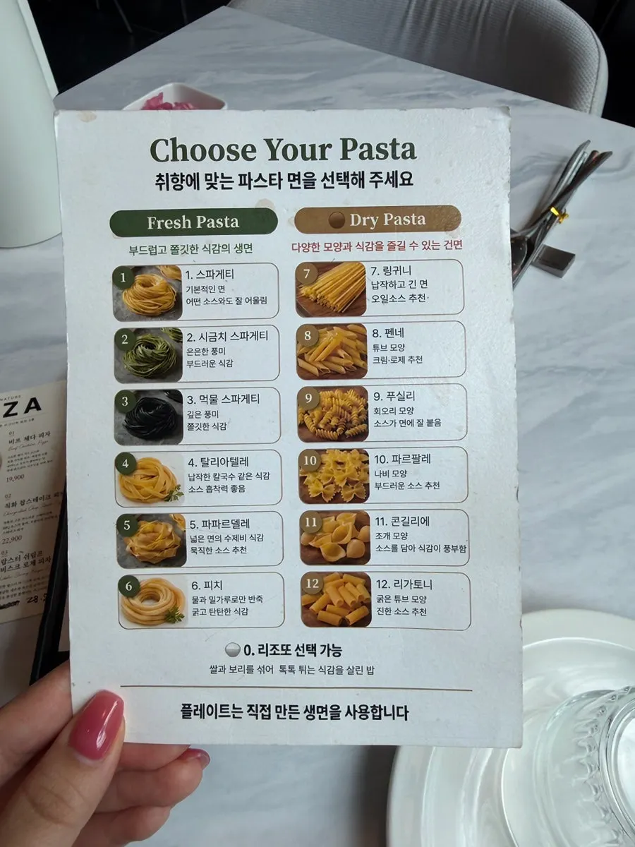 생면과 건면으로 나뉜 파스타 메뉴판