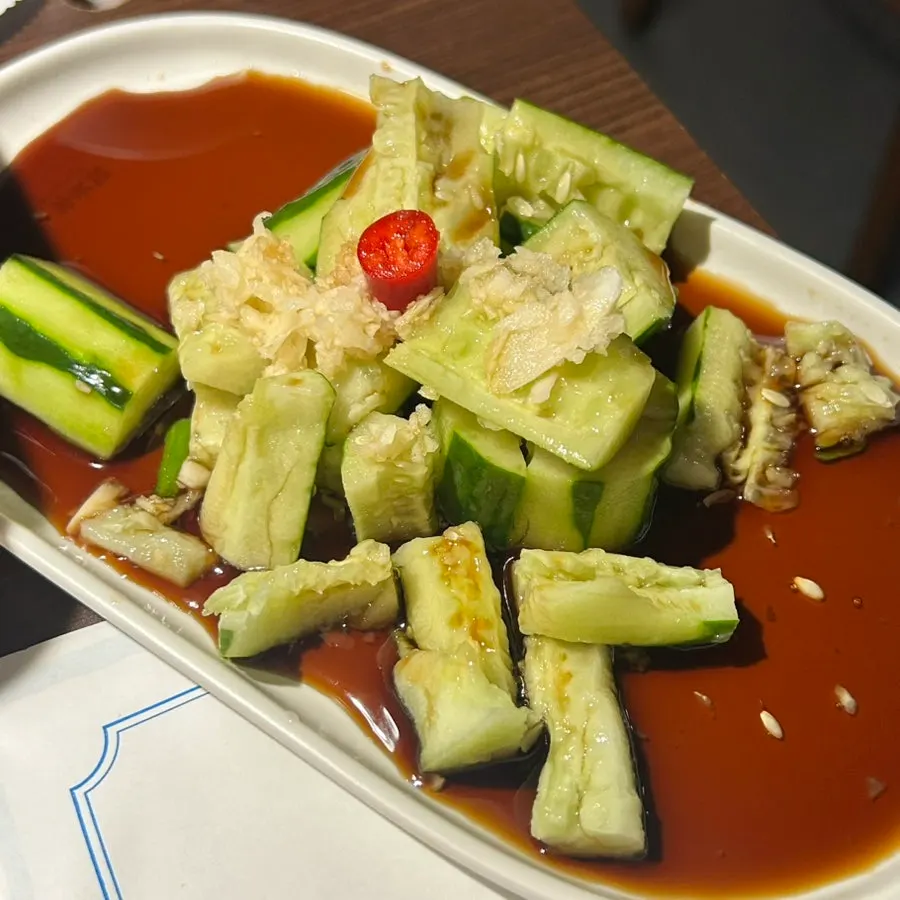 Close-up of the cucumber salad with Chinese soy sauce seasoning