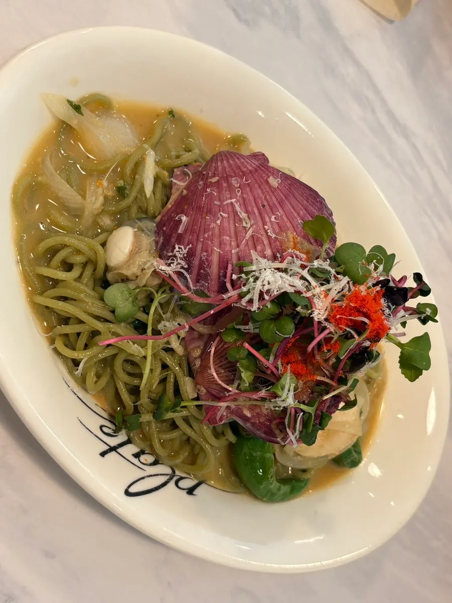 Scallop uni oil pasta ordered with spinach fresh noodles