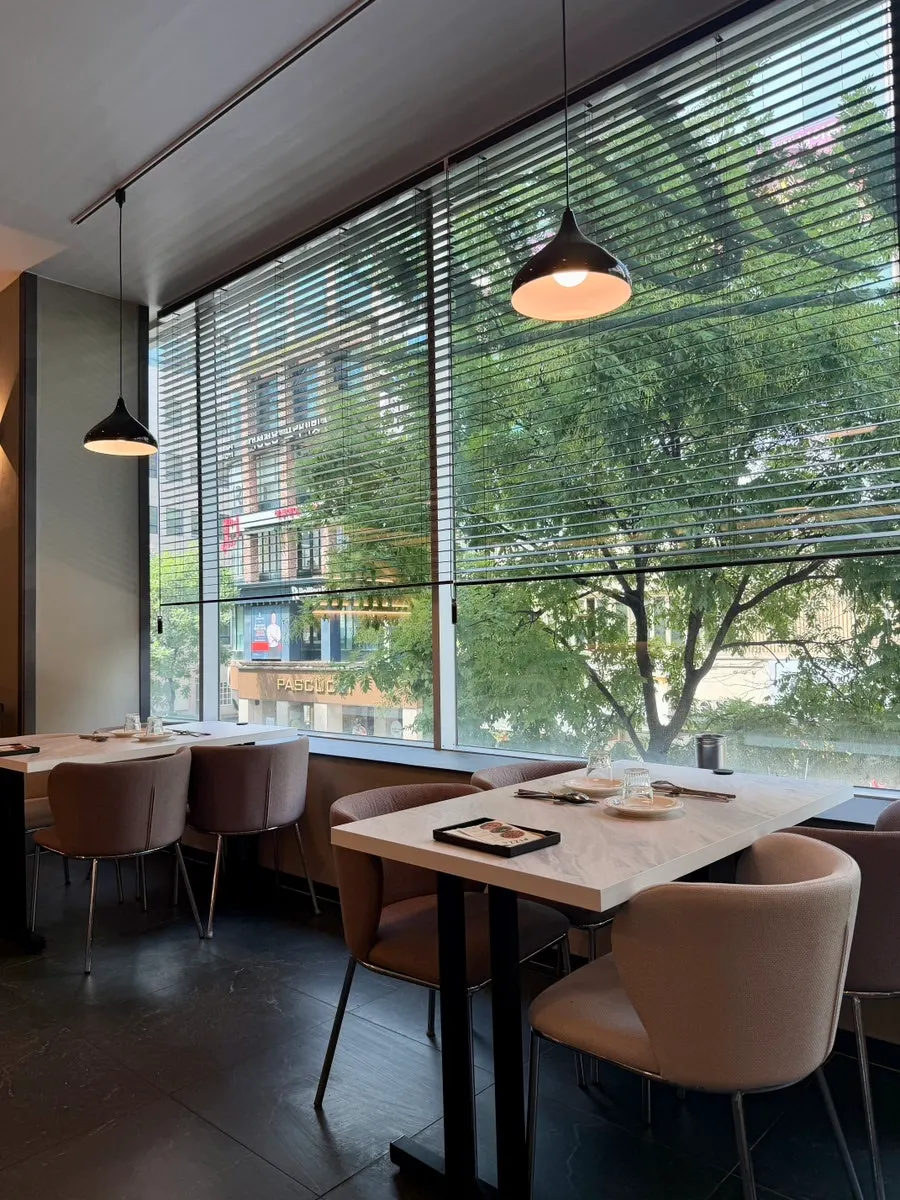 Interior view with tree scenery through the large windows