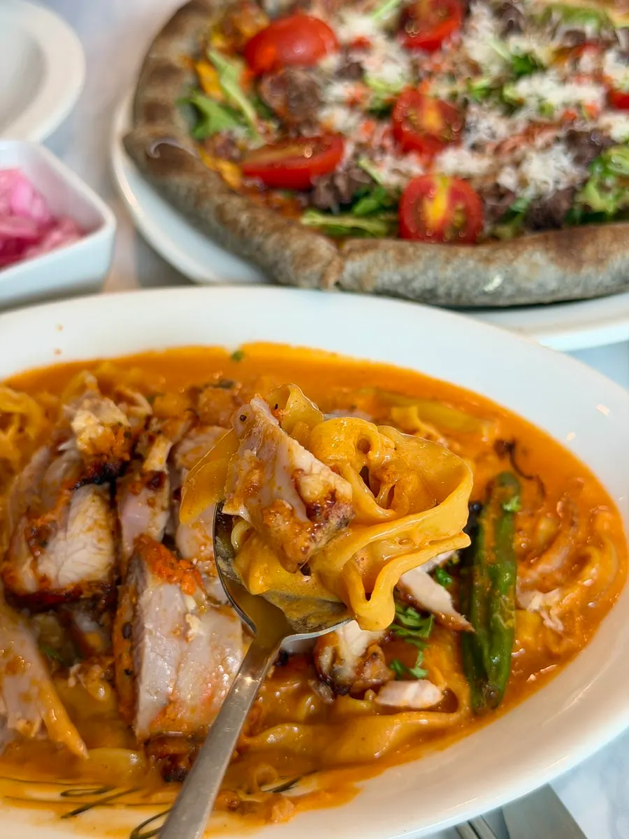 Fresh noodles tossed in fire chicken rosé sauce