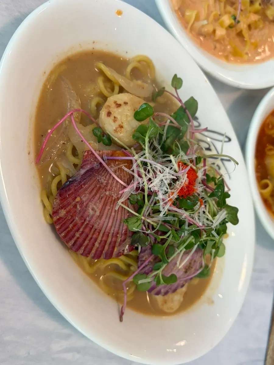 Close-up of the fresh noodles in the scallop uni oil pasta