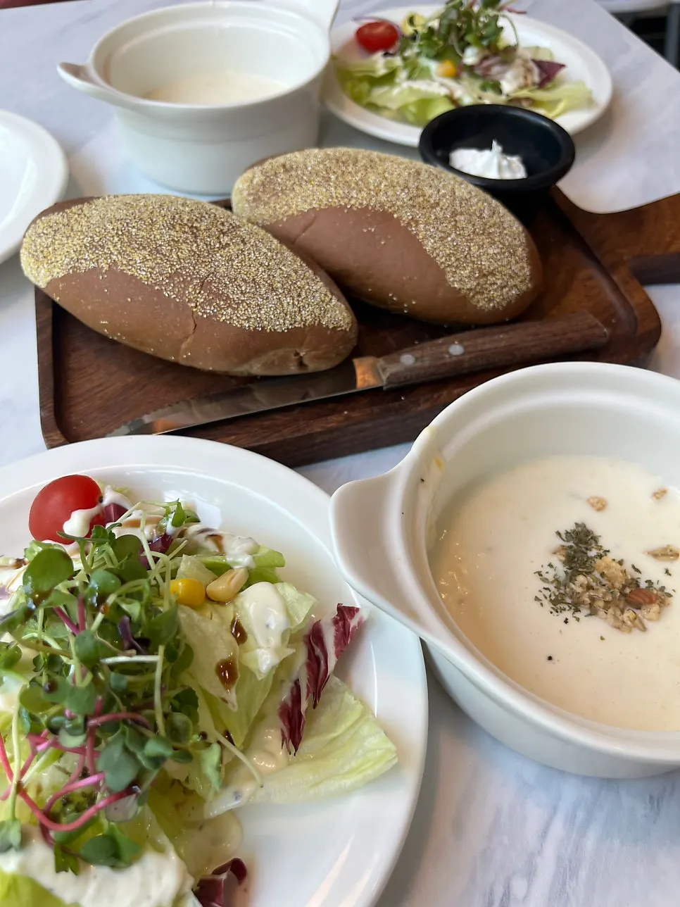 Pasta set salad, soup and bushman bread