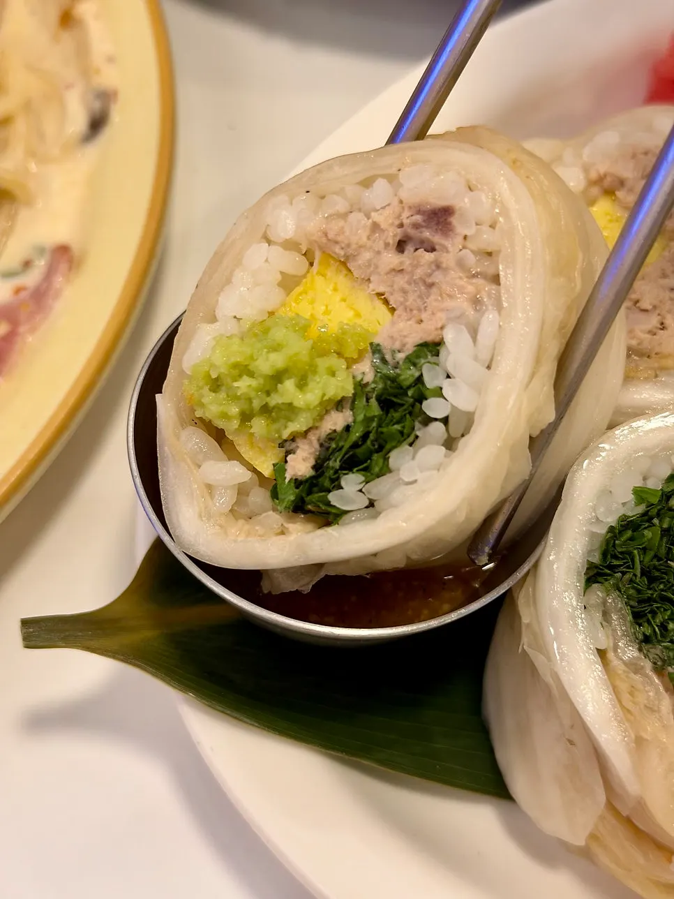 Maki served with wasabi and mustard sauce