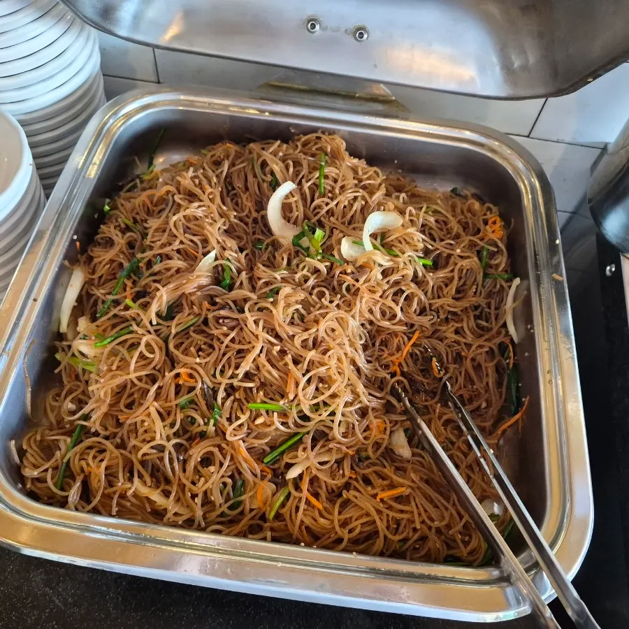 Salad bar food in containers at Boksakkot Pineun Jip