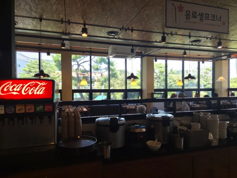 Self-serve drinks and side-dish area