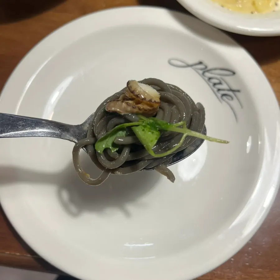 Twirled ink noodles from the vongole pasta
