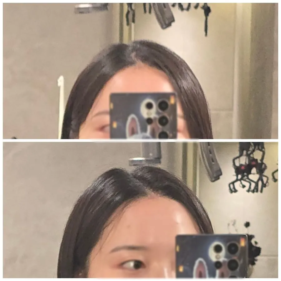 Before and after comparison photo of the root volume perm