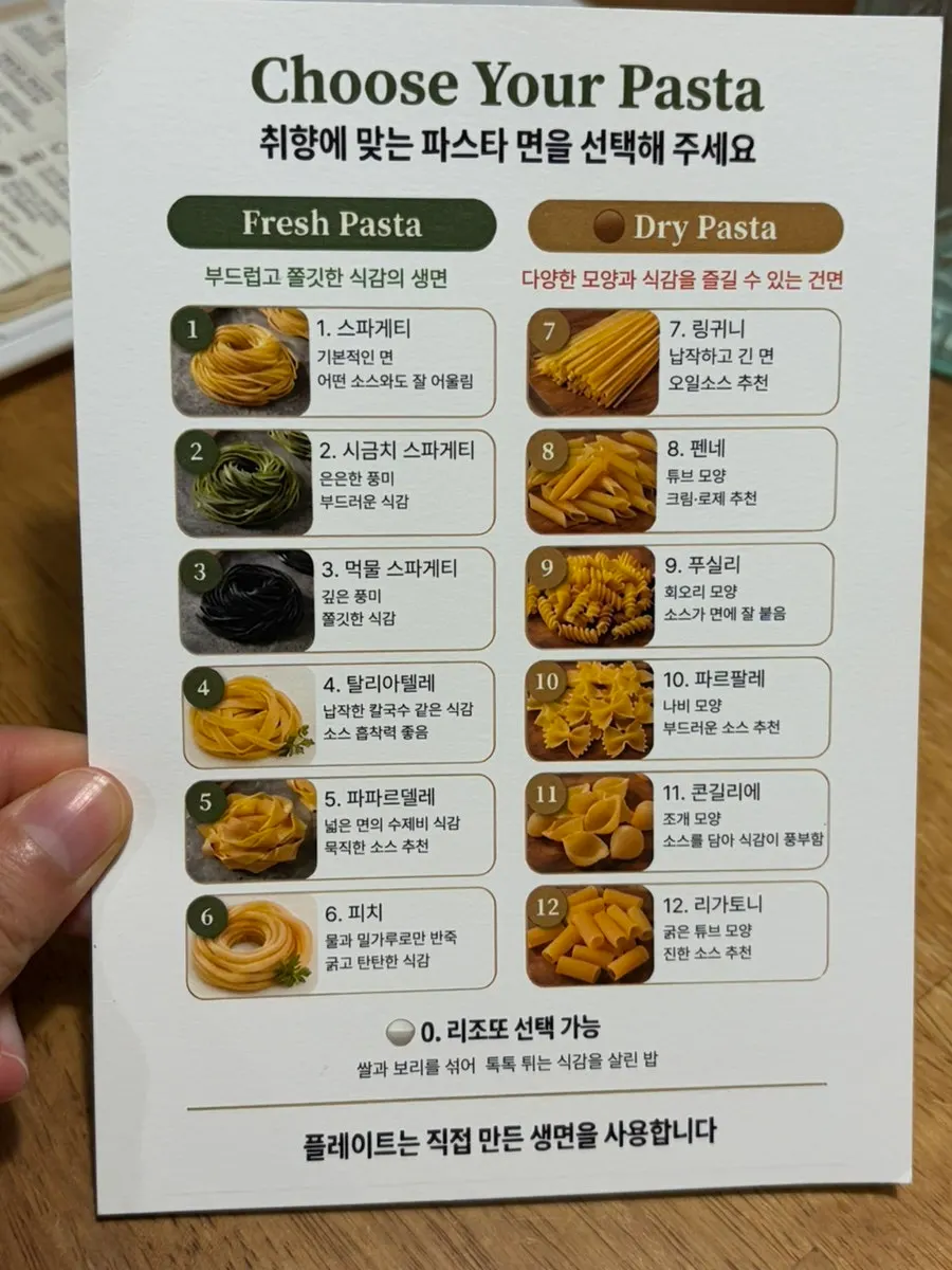 플레이트 파스타 메뉴판과 주문서