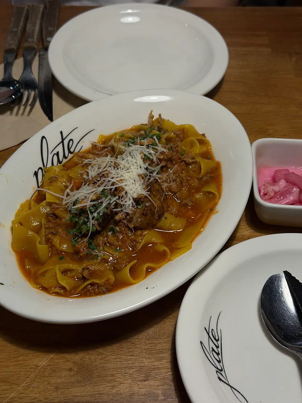 Classic Meatball Bolognese pasta topped with meatballs