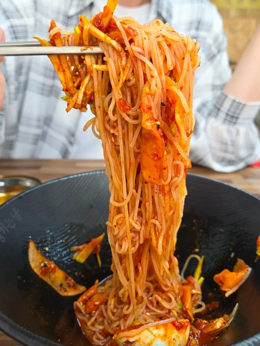 Close-up of mixed bibim milmyeon