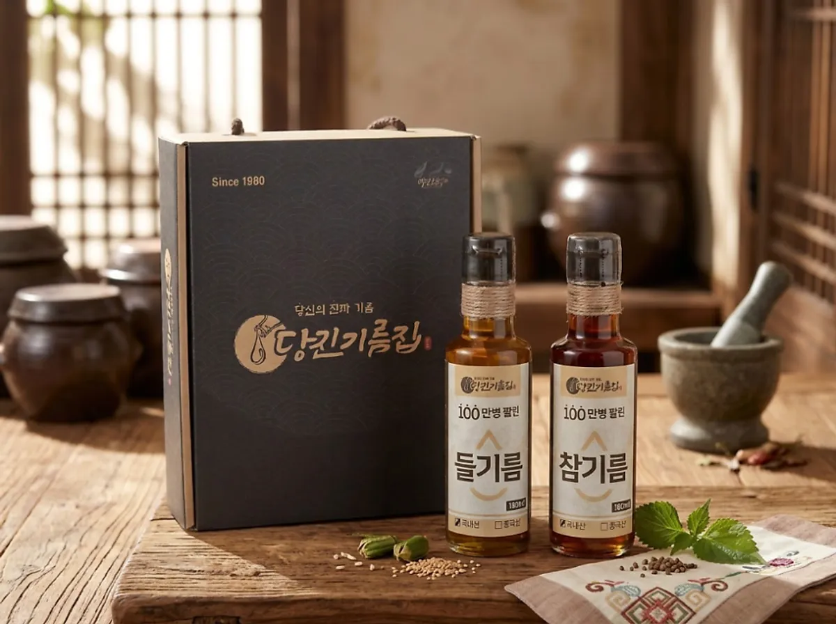 Packaging condition of the sesame and perilla oil gift set for holiday gifting