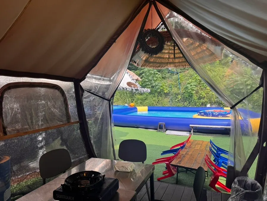 Interior of a tent fitted with a private air conditioner