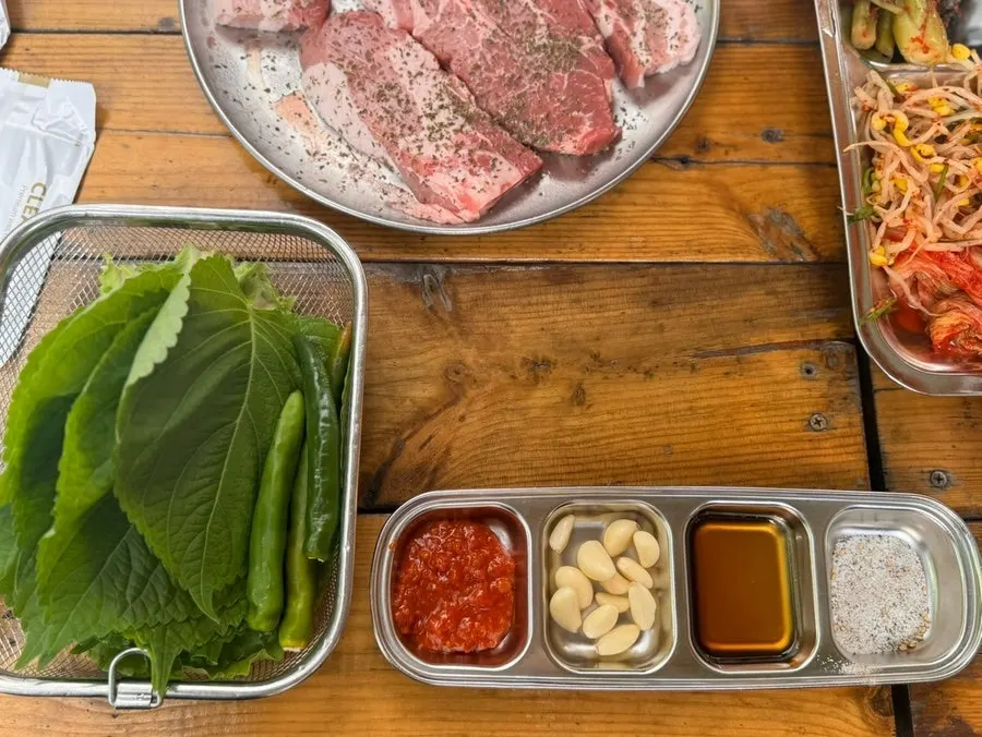 Ssamjang, salt, and wrap vegetables set-up