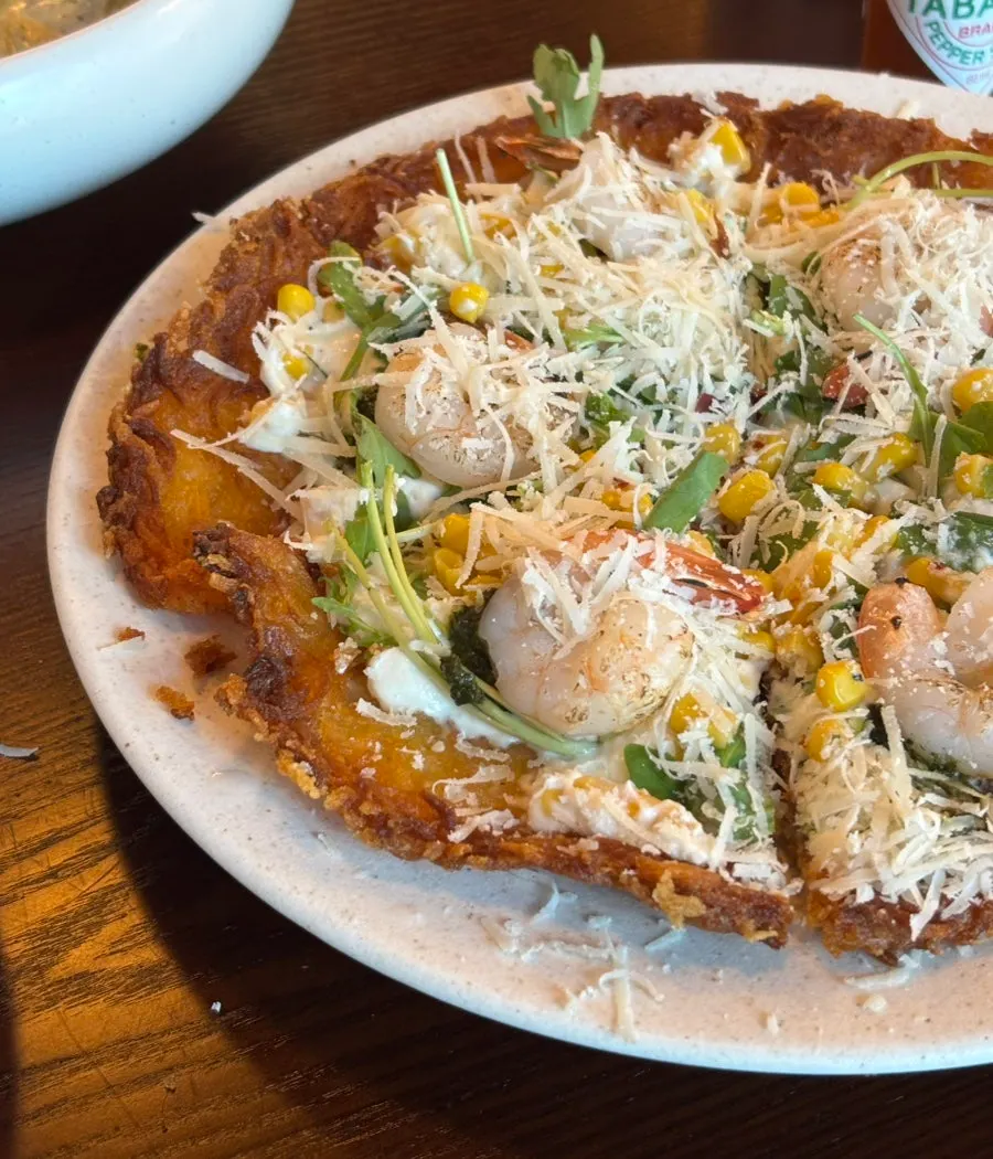 Chodang corn shrimp potato pancake with generous toppings
