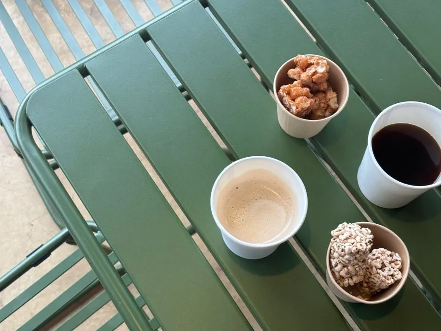 Various orandeu and ppeongtwigi snacks laid out at the café