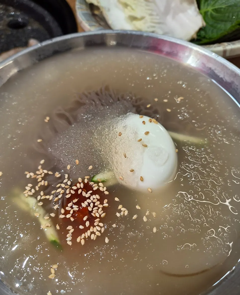 A bowl of naengmyeon full of icy slush