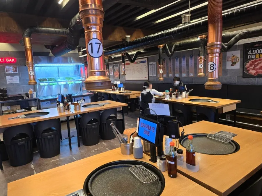 Spacious restaurant interior with many tables