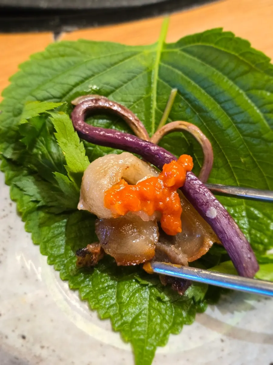 Pork belly wrapped in angelica leaves