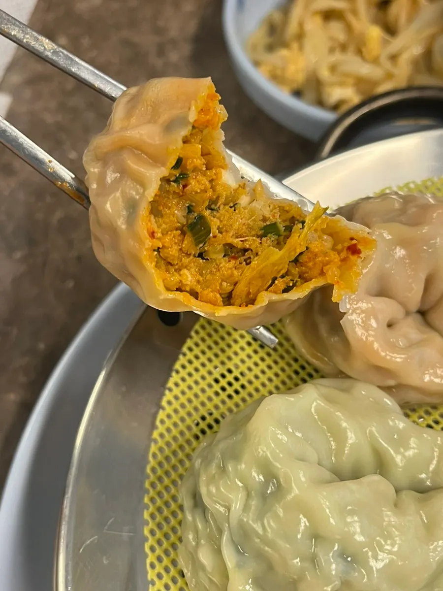 Cross-section of a halved meat dumpling