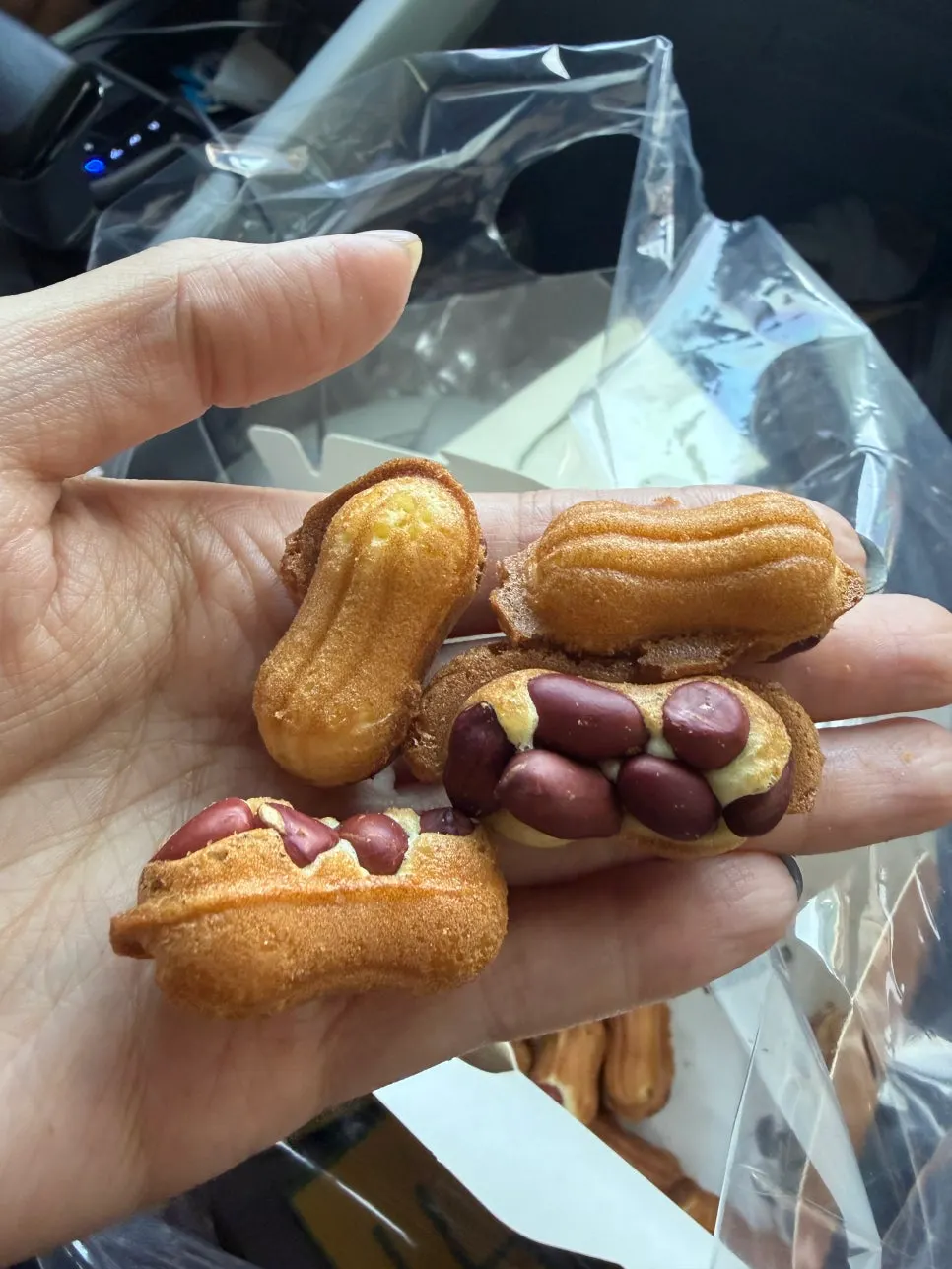A bite-sized peanut bread held on a palm