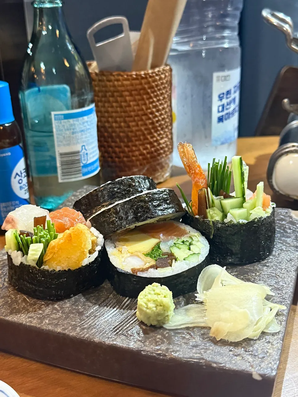 Cross-section of a thickly sliced giant futomaki roll