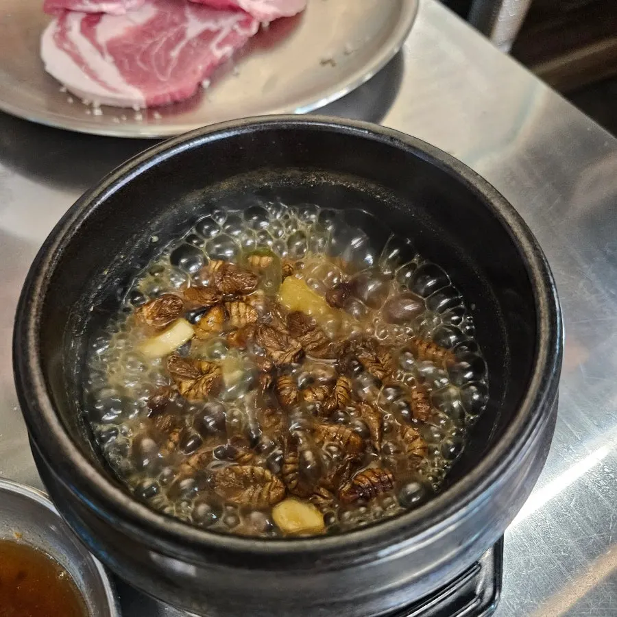 Cold boiled pork and silkworm pupae served before the meat