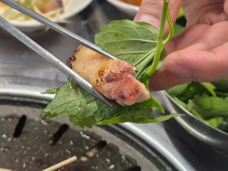 Meat on the grill plate with a side of salt