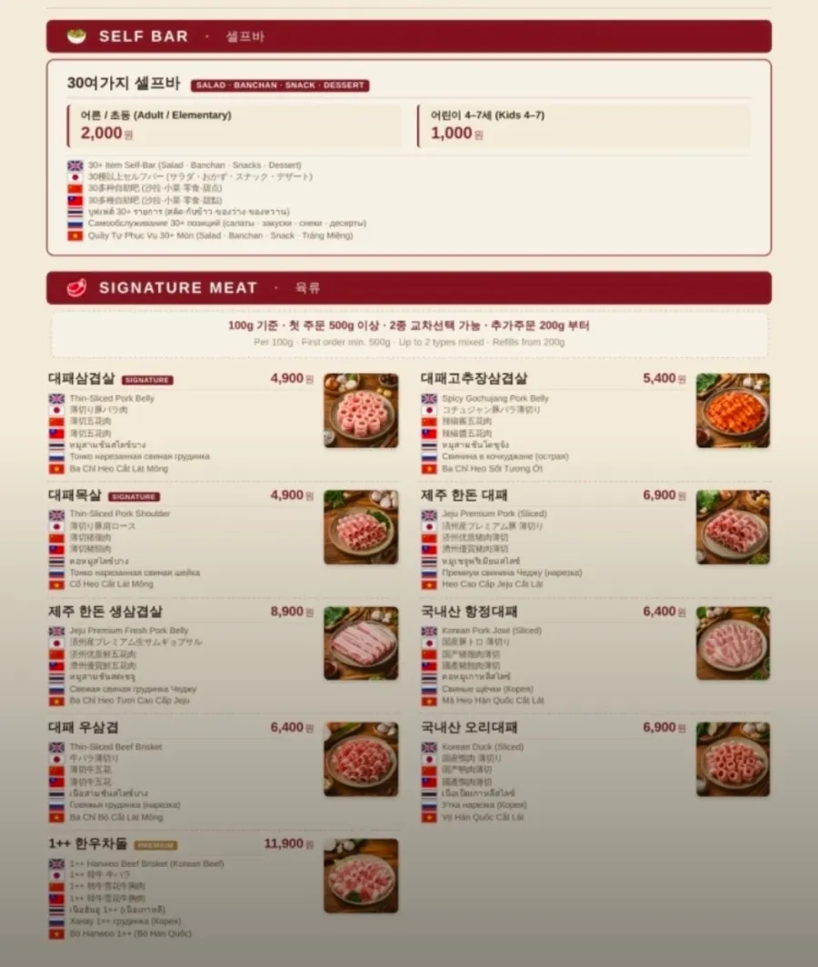 Menu board at Daepae Maket Busan Daeyeon Branch
