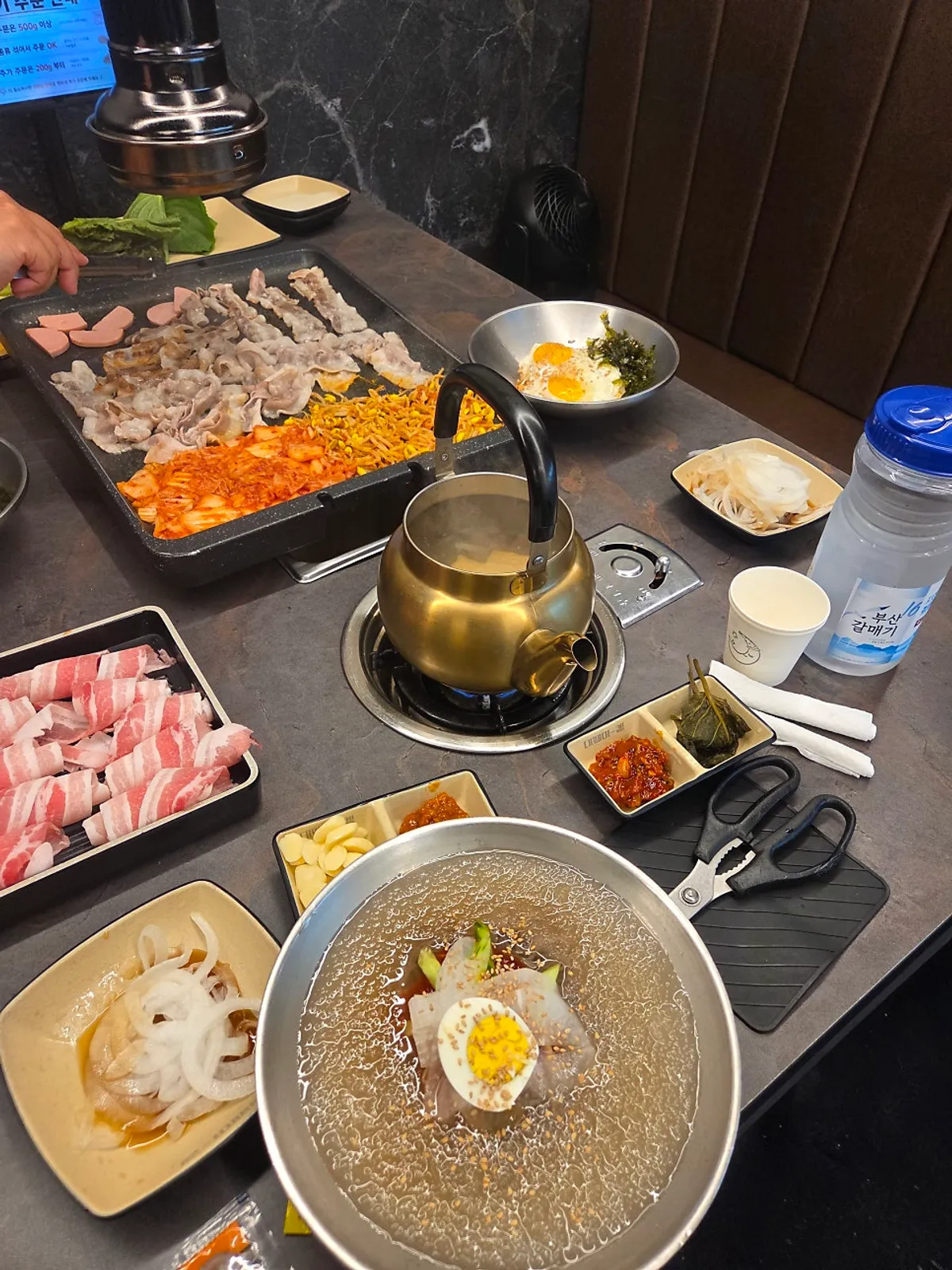 Water naengmyeon with grilled pork belly at the BBQ restaurant
