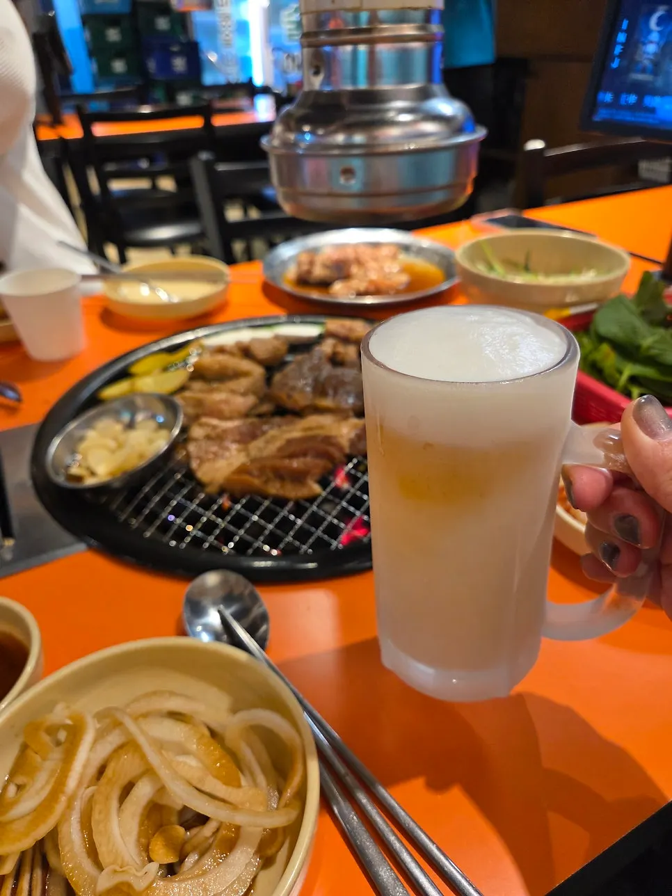Pork galbi table spread at Gim Geumja Sutbul Galbi Daeyeon Branch