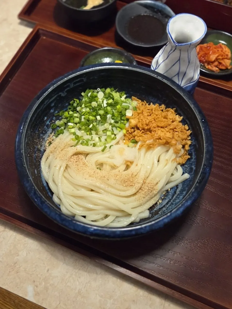 파와 바삭한 토핑이 올라간 붓가케우동 냉