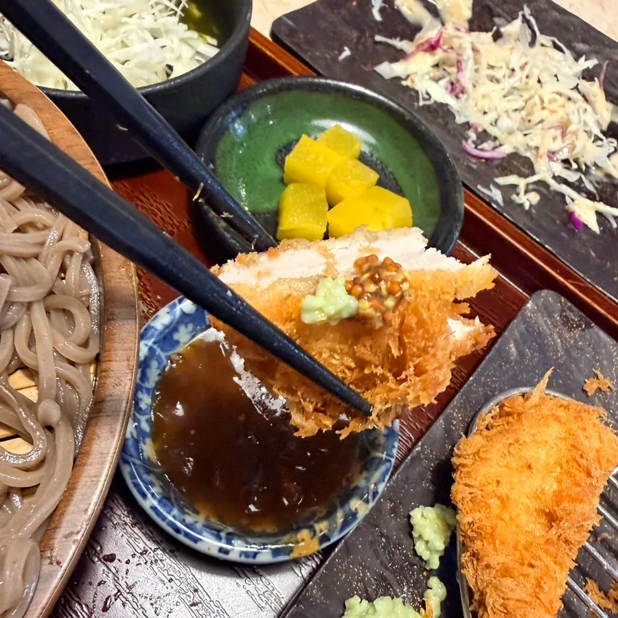 A piece of tonkatsu with sauce