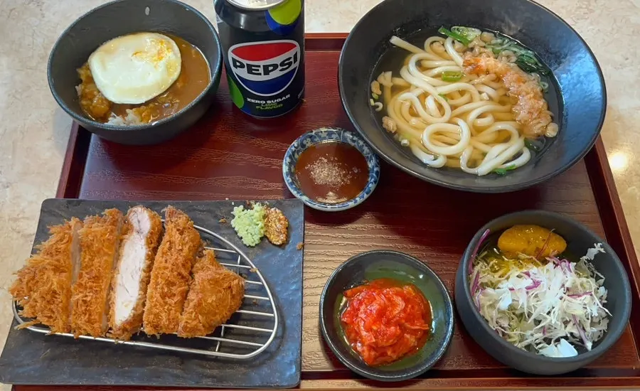 Udon, tonkatsu, and curry egg rice combo set