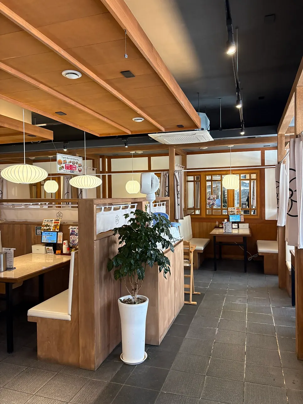 Interior of the restaurant with wood-tone decor