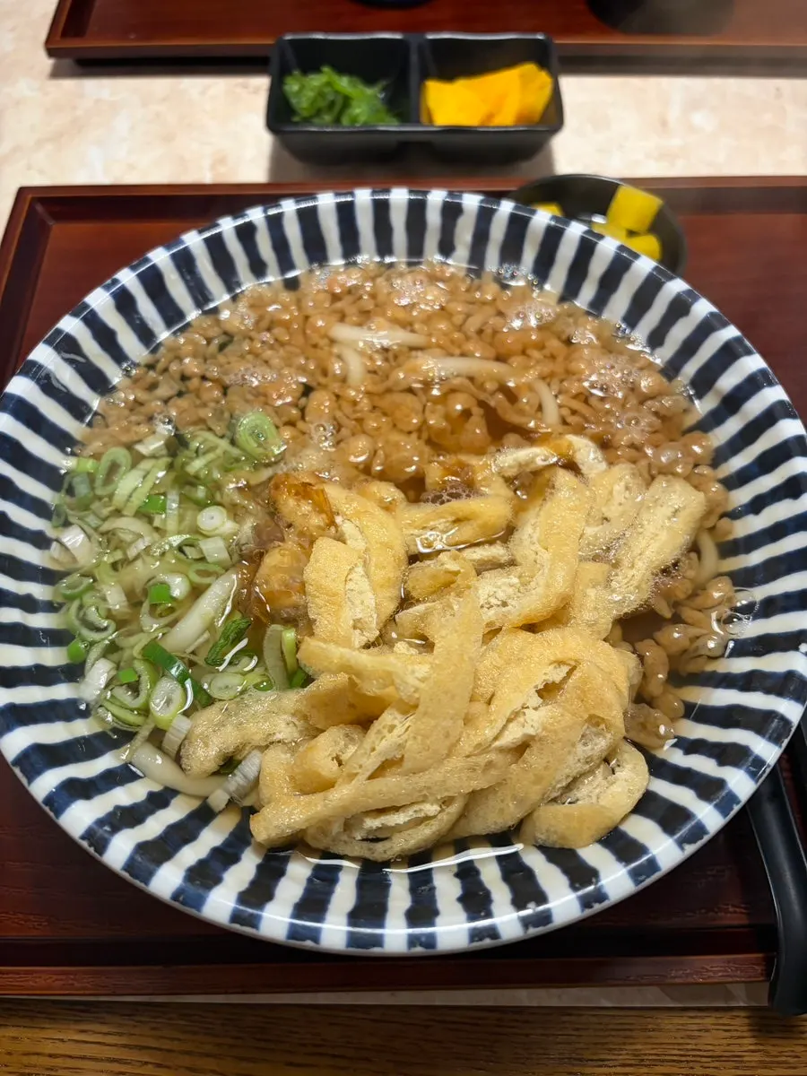 가케우동과 텐붓가케우동이 차려진 테이블