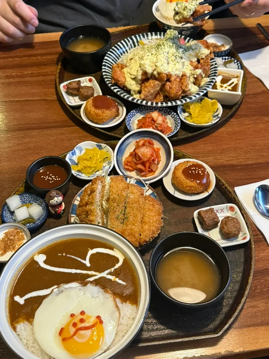 Side dishes including potato croquette and milk pudding