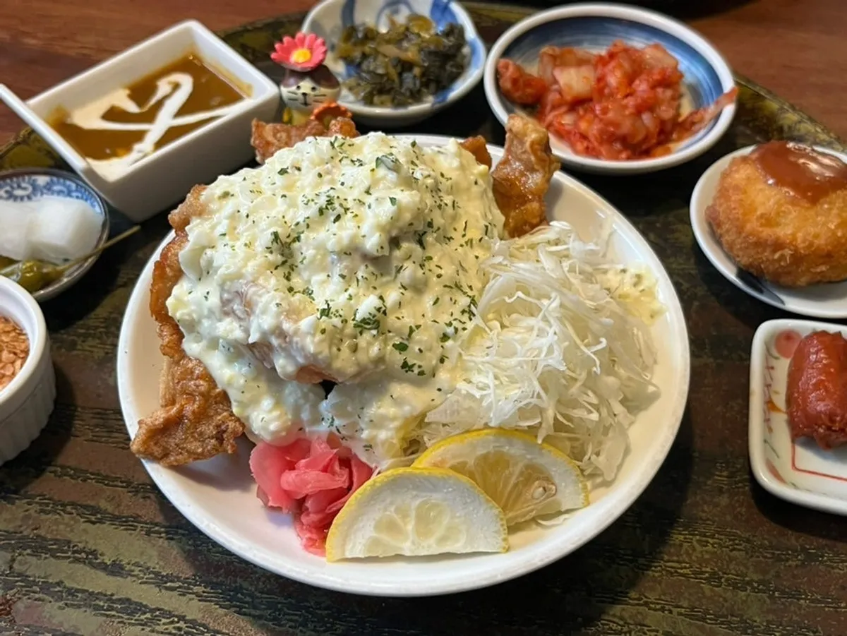 Chicken nanban set with fried egg rice and side dishes