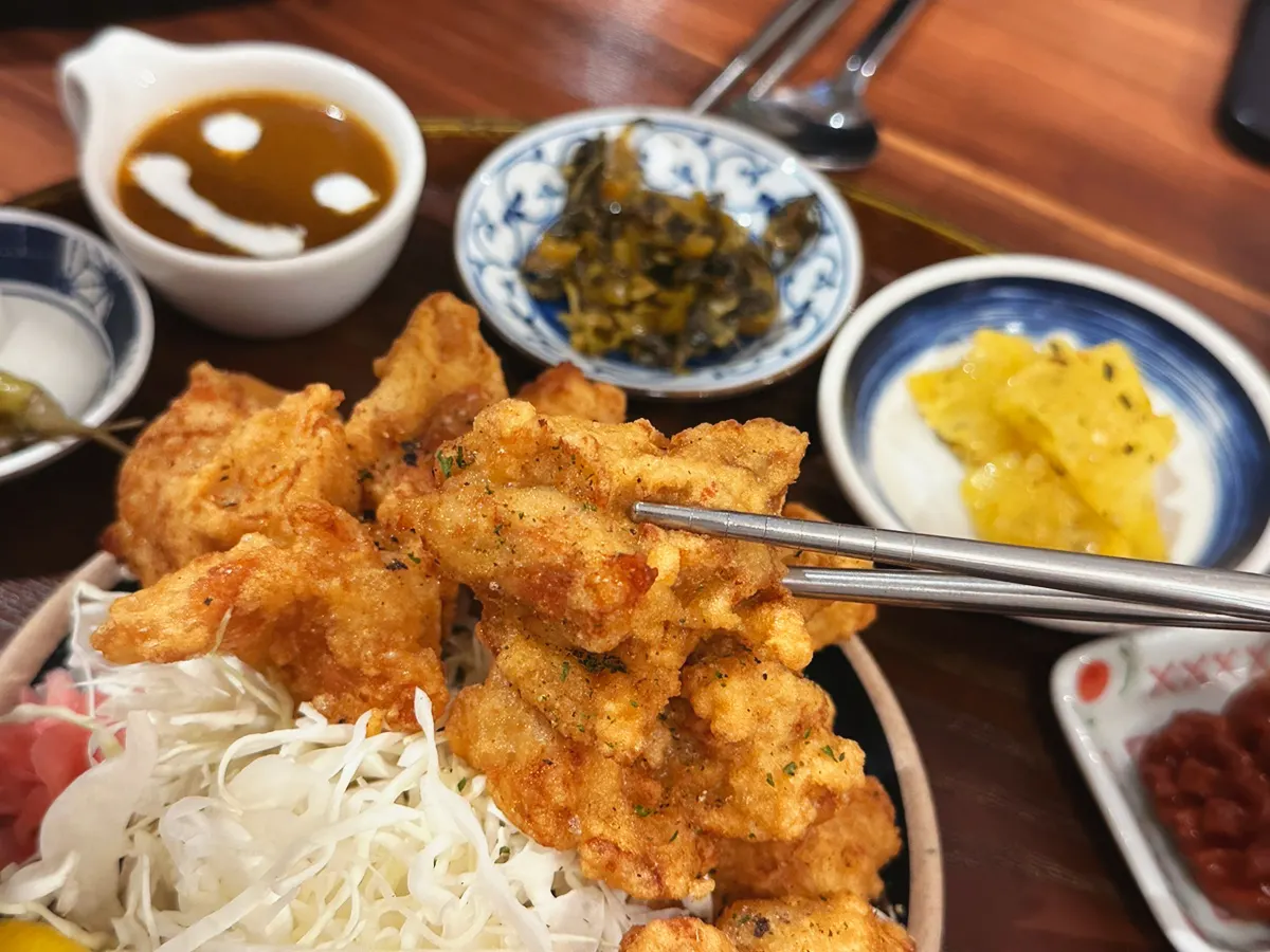 바삭하게 튀겨진 치킨 가라아게 클로즈업